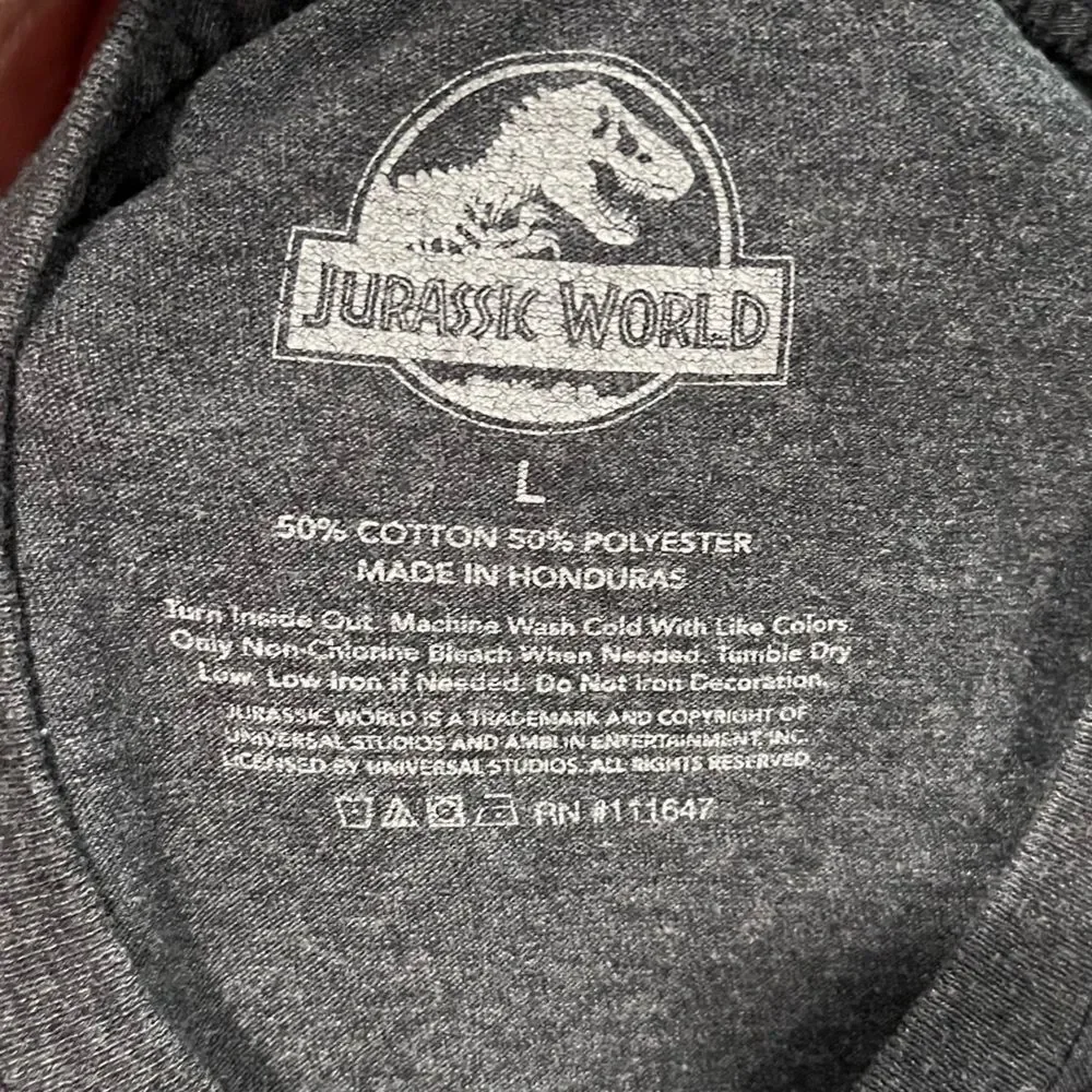 Jurassic Park T Rex Graphic T-Shirt Short Sleeve Crew Neck Heather Gray Sz Large